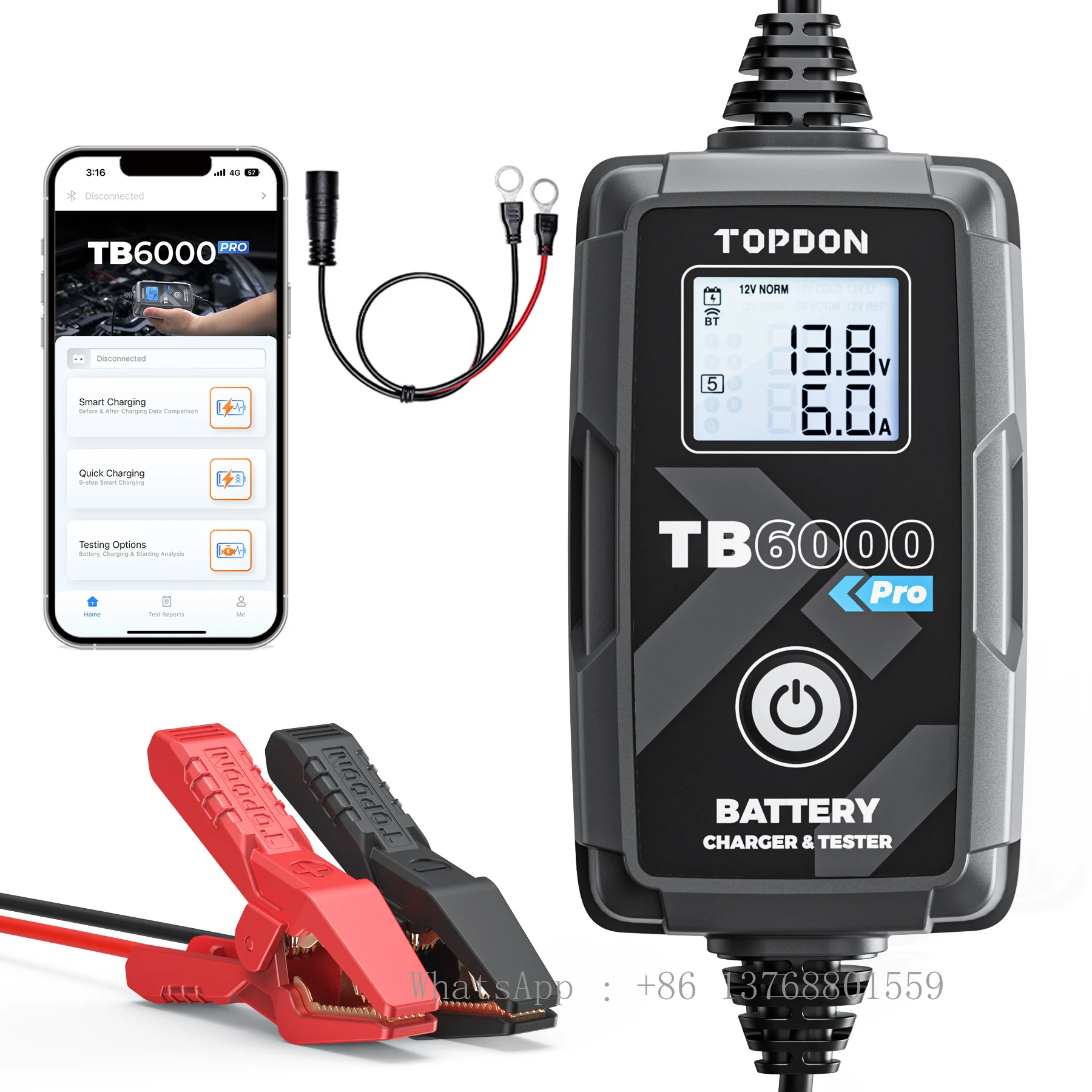 TOPDON New Design TB6000 Pro 12V 6V Lcd Screen Small Smart App Control 8A/3A/1A Auto Car Lithium Battery Charger Tester Analyzer