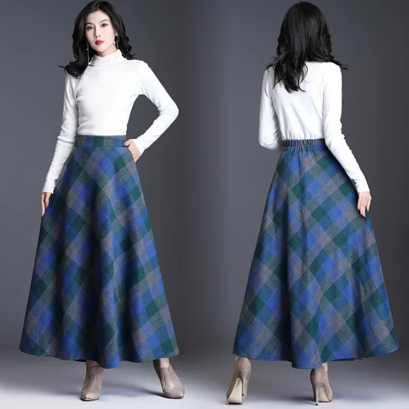 Damesmode Lente Herfst Winter Retro Plaid Elegante Wollen A-lijn Rok Middellange Hoge Taille Dames Lange Rok