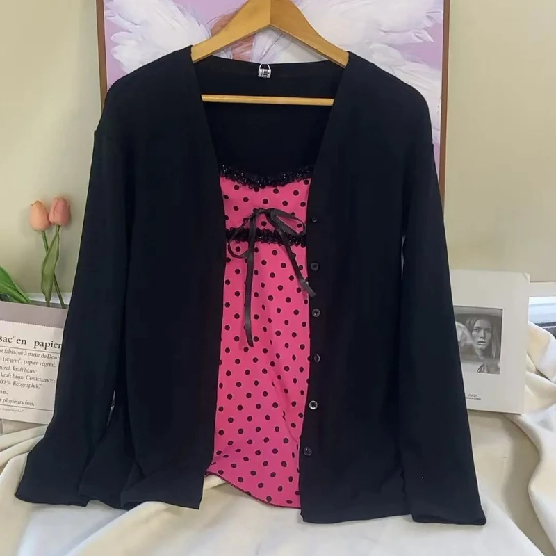 New Autumn Japanese Sweet 2 Piece Set Women Design Pink Polka Dot Strap Y2k Tops +Chic Cardigan Harajuku Fashion Vintage Outfits