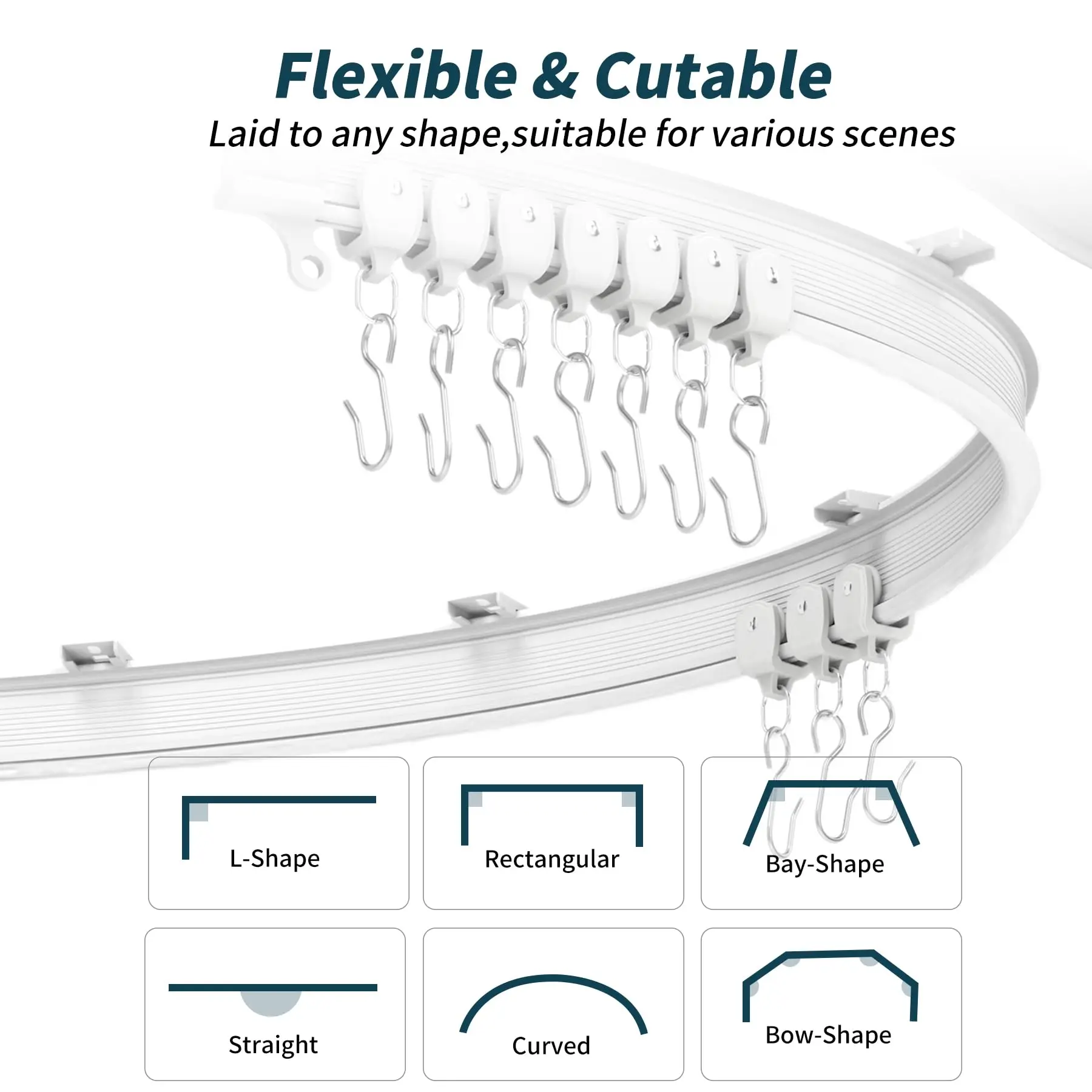 3M/9.8ft Flexible Ceiling Curtain Track Bendable Curved Window Rod PVC Metal Plastic Heavy Duty Track with Rollers Hooks for Hom