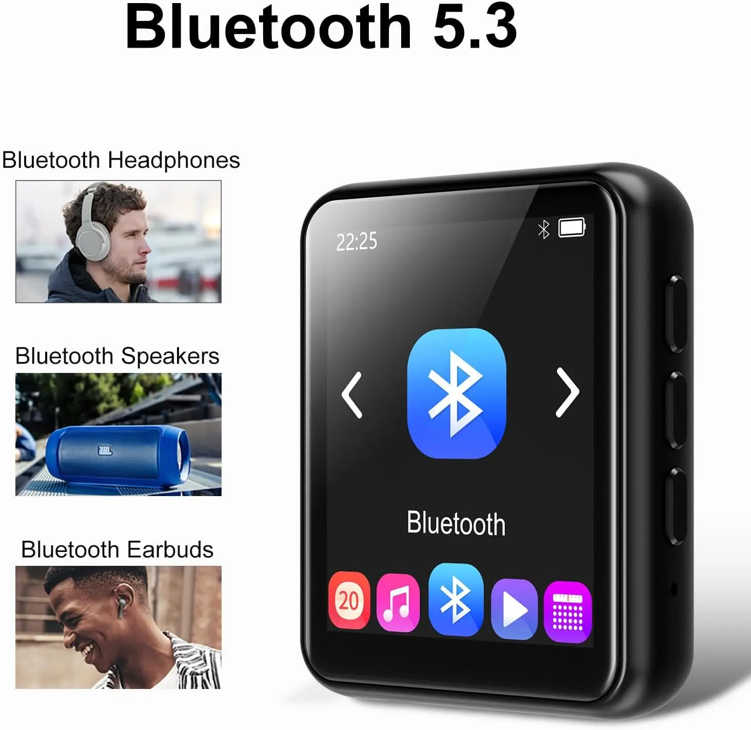 64GB MP3 Player Bluetooth 5.3 1.8 Inch Touch Screen HiFi Lossless FM Radio Ebook Voice Recorder Portable Up To 128GB Expandable
