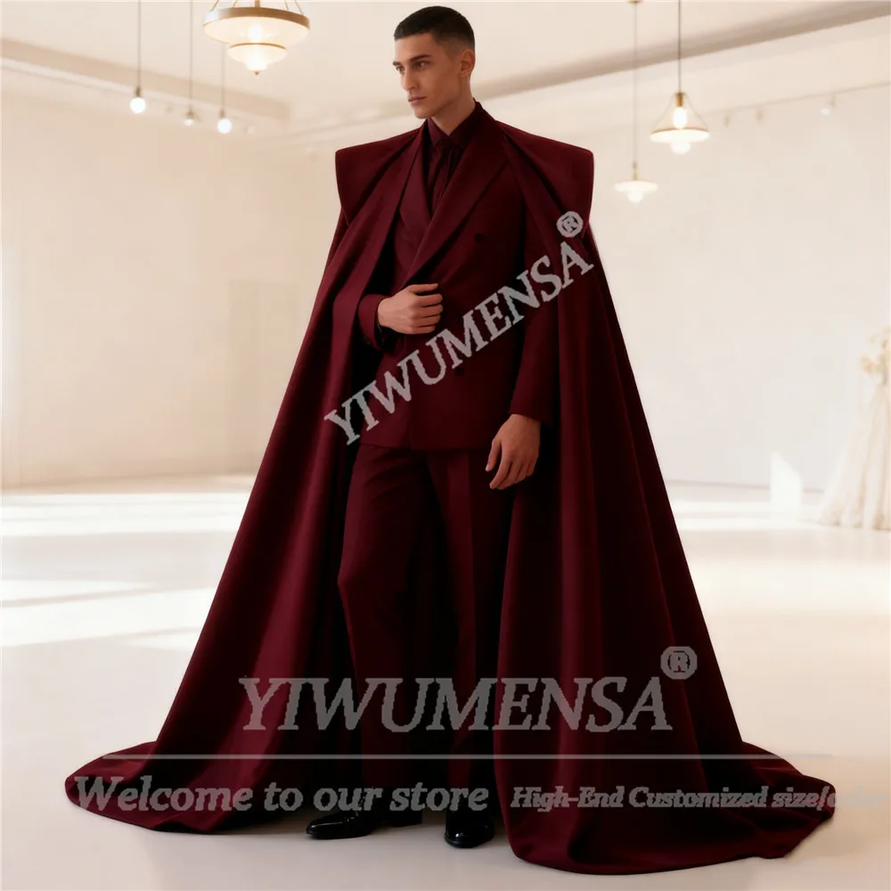 

Elegant Wine Red Suit Attire For Men Double Breasted Blazers With Cape Long Customized 3 Piece Set Groom Wedding Tuxedos Outfits