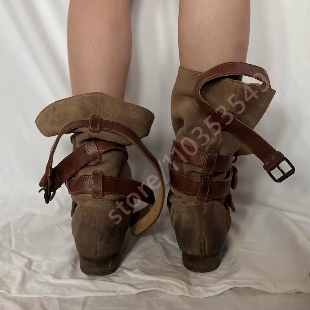 Women's Retro Brown Western Cowboy Boots Low Heel Wrapping Belt Buckle with Buckle Straps 2026 Distressed Mid-Calf Riding Boots