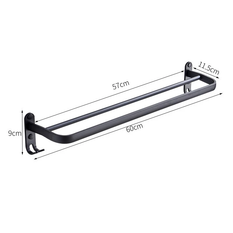 AB47-60 Cm Wall Mount Black Towel Rack Aluminum Double Rod Towel Bar With Hook For Home Hotel Bathroom Shower Accessories