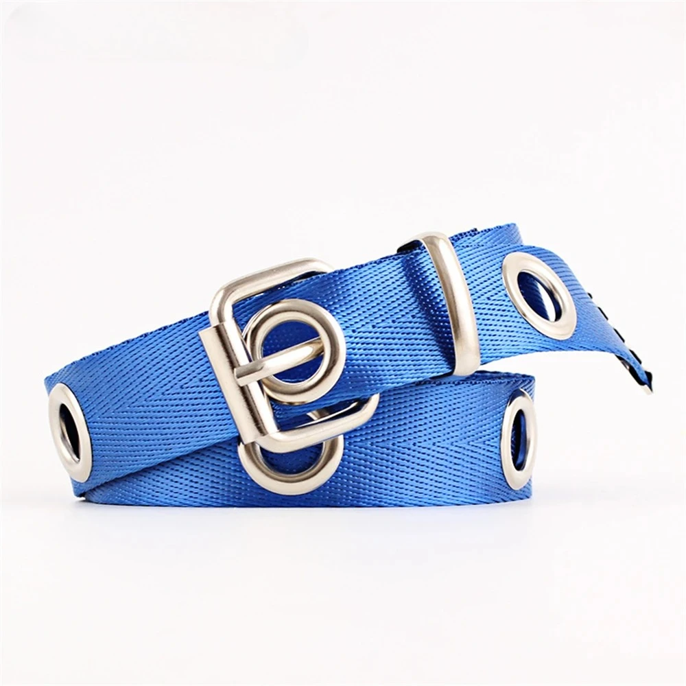 Blue Long Canvas Belt Women Fashion Hollow Out Ladies Dress Belt Female Extra Long Belts Soft Belt Holes 120cm 140cm Fashion