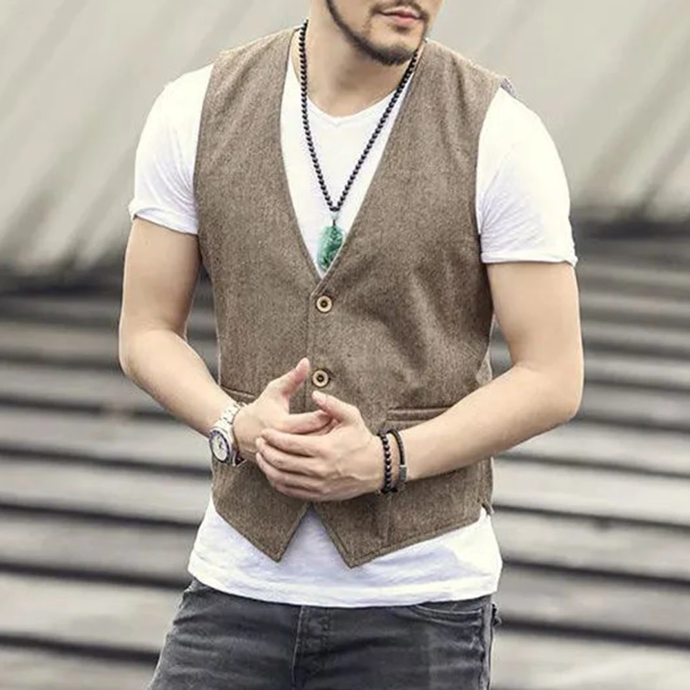 Men\'s Business British Style Retro Linen Vest Summer Thin Section Slim Three Button V-Neck Slim Gentleman Casual Formal Vest