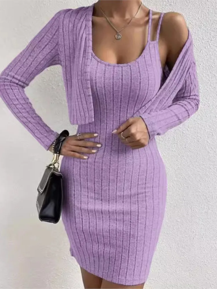 Fashion Women Slim Mini Dress 2 Piece Sets Autumn Ribbed Double Strap Bodycon Sleeveless Vest Dress + Long Sleeve Cardigan Set