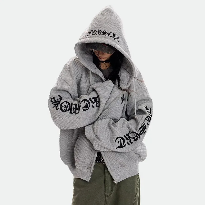 Letter Embroidery Hoodie Streetwear Women Oversized Loose Hoodies Kpop Casual Streetwear Zip Up Sweatshirts Men Harajuku Y2K Top