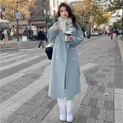 Blue Woolen Coat Women's Autumn Winter 2024 New Korean Version Loose Long Thick Waist Over The Knee Double-breasted Woolen Coats