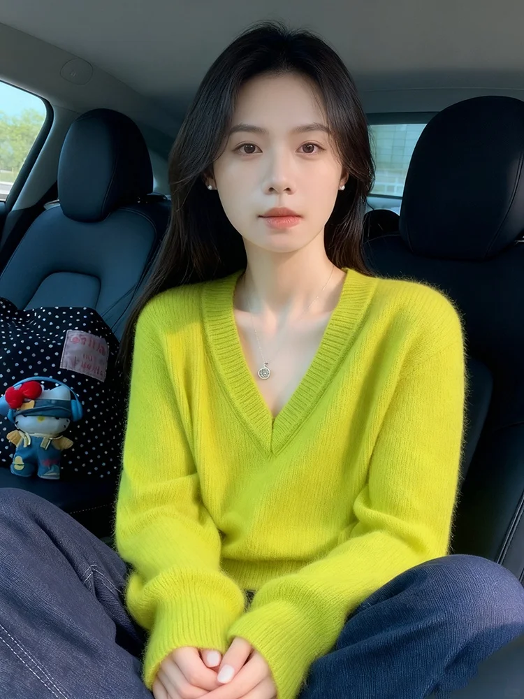 Ultra-Soft een Fluorescent Women's Knitted Sweater Autumn Winter Inner Wear Korean Sle Loose Fit V-Ne Long Sve Top