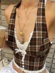 Women Dark Brown Plaid Crop Tops Vintage Y2k Camisole Off Shoulder Corset Top Sleeveless Vest Tank Tops Female Coquette Clothes
