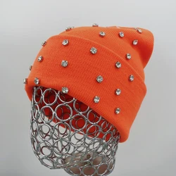 Women Fuchsia Neon Orange Rhinestones Beanie Thick Plain Knitted Glitter Crystals Toque Warm Winter Hat with Stones