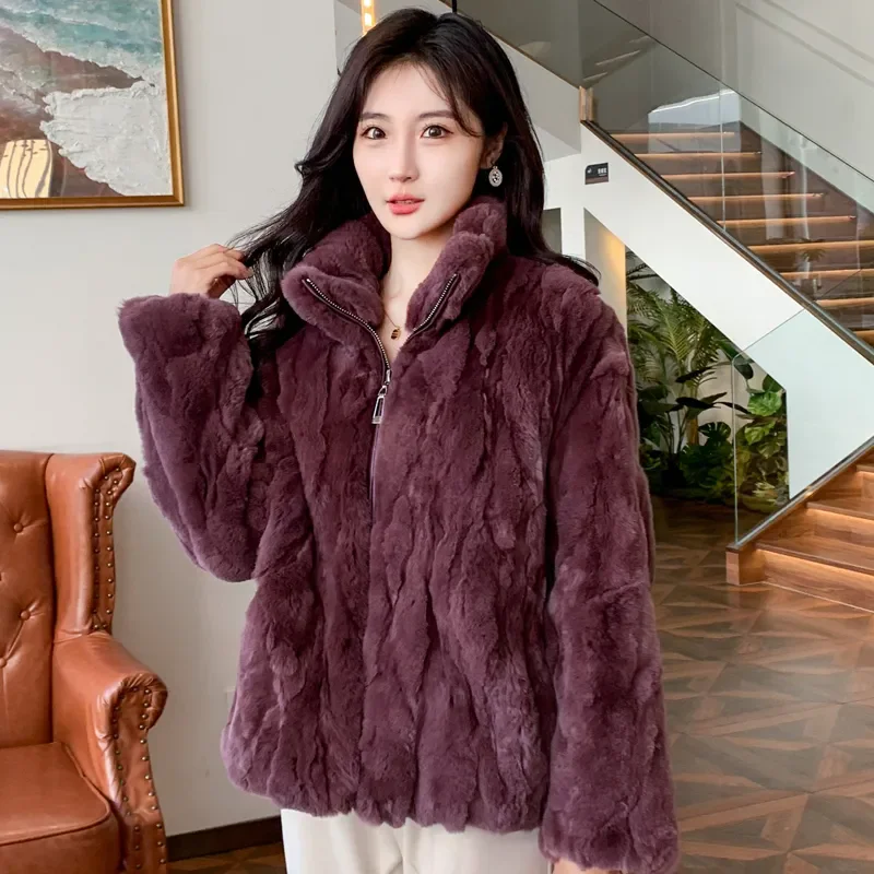 Damska kurtka z futra królika Rex, casualowa, zimowa, nowa moda, stójka, zapinana na zamek, gruba, ciepła, futrzana, luźna odzież wierzchnia, model W1157