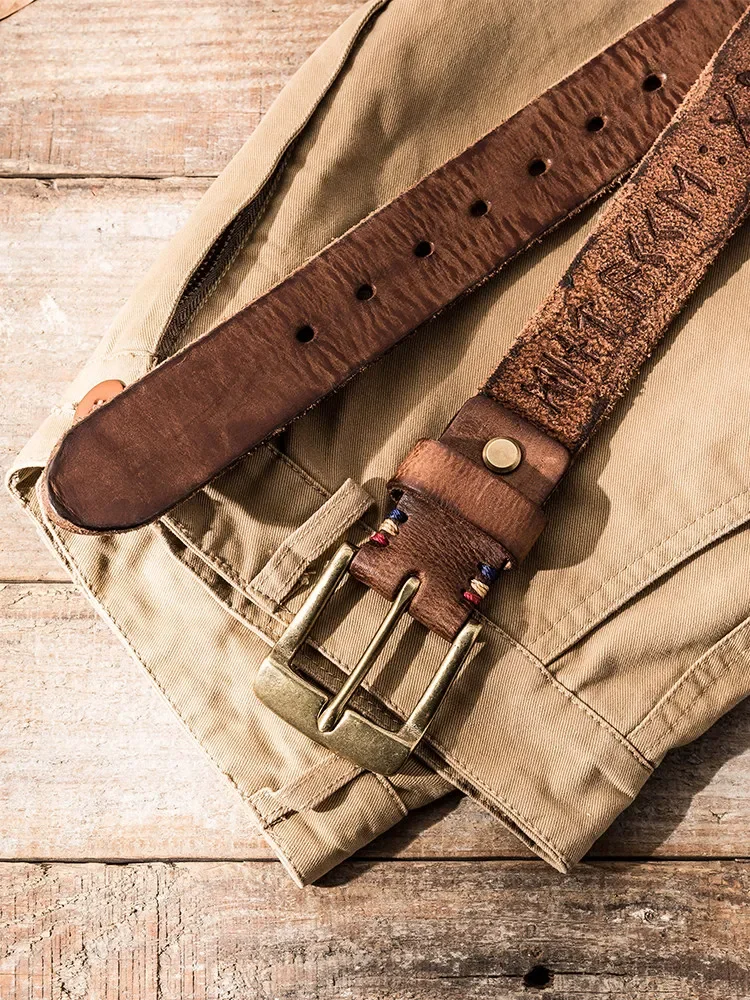 Genuine leather handmade retro copper buckle belt, the first layer of pure cowhide personalized pin buckle denim belt