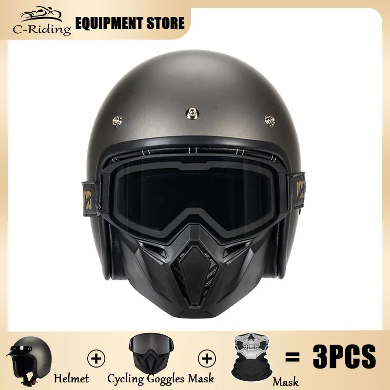 Japanese Style Vintage Riding 3/4 Jet Casco Moto Capacete with Outdoor Off-Road Motorcycle Cycling Anti-fog Goggle Mask