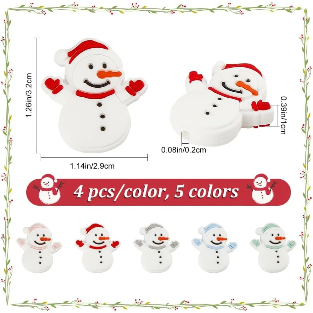 20Pcs 5 Color Snowman Silicone Beads Christmas Theme Eco-Friendly Rubber Beads Bulk for Xmas DIY Jewelry Making Necklace