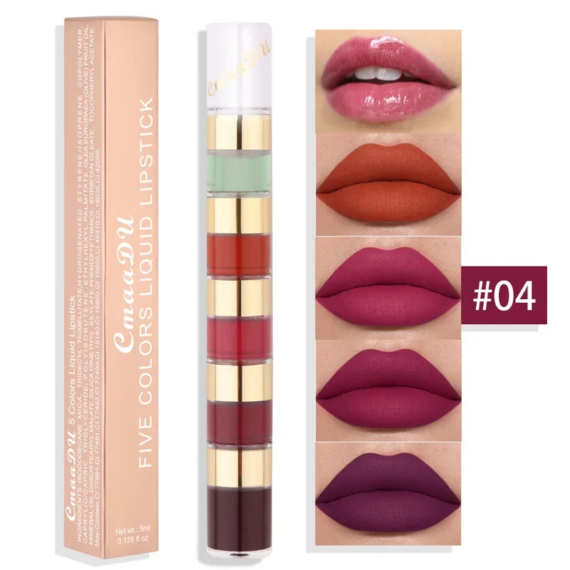 5 In 1 Matte Lippenstift Kit Waterdichte Blijvende Combinatie Lipgloss Sexy Rode Lip Tint Lipgloss Lip Olie Make-Up Lippen Cosmetische Set