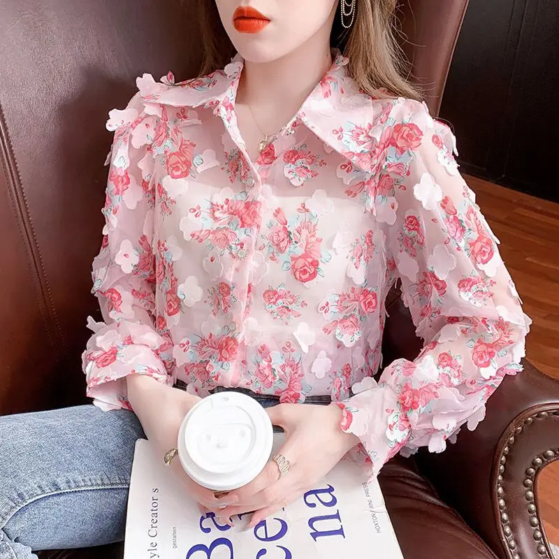 Fashion Broken Flowers Printed Blouse Female Clothing Sweet Floral Patch Designs Spring Autumn Commute Single-breasted Shirt New