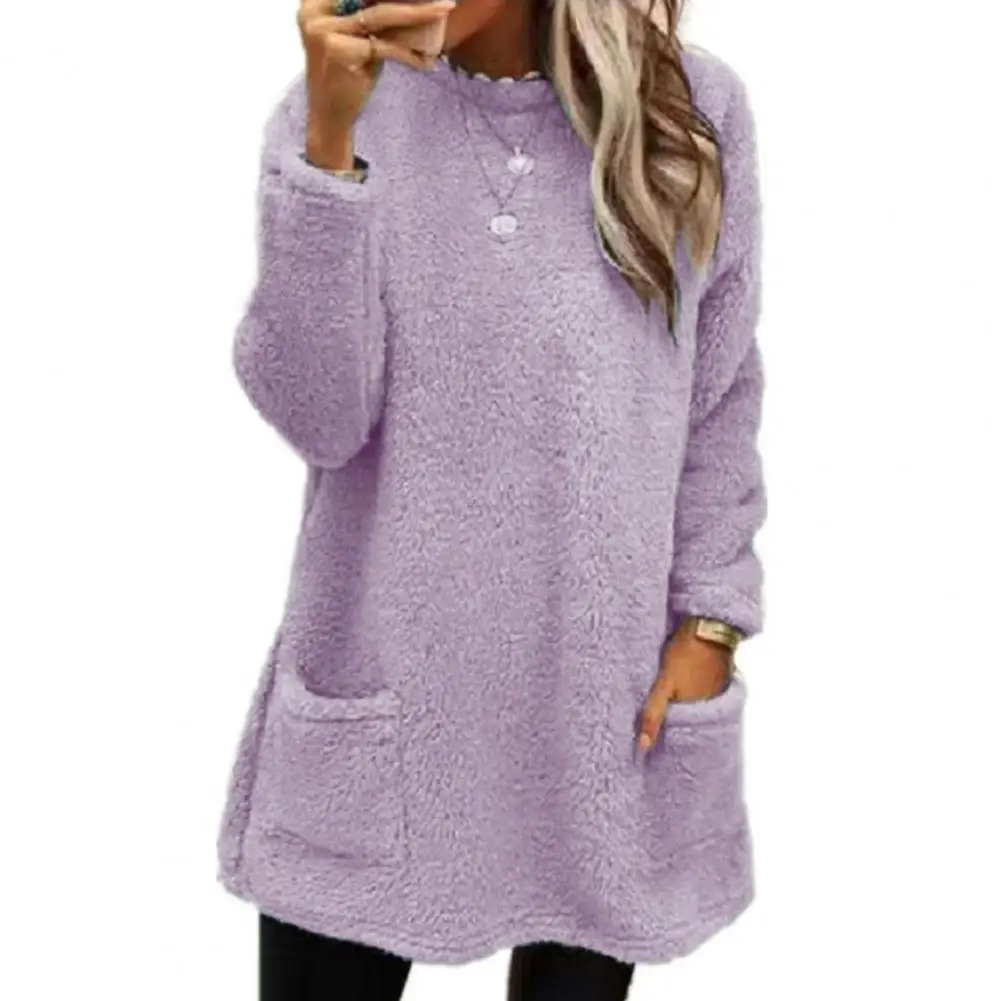 Women Long-sleeve Sweatshirt Solid Color Sweatshirt Cozy Double-sided Plush Sweatshirt with Pockets for Women Warm Winter