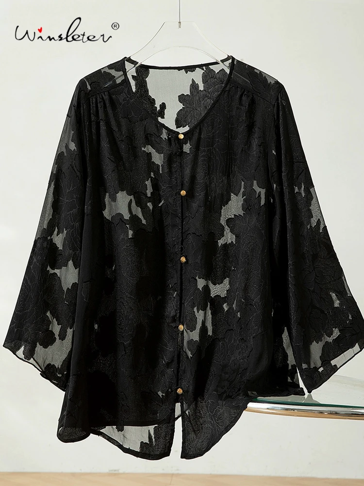 

Winsleter-Women 100%Real Silk Elegant Shirt, Flare Sleeve Cut Flower Silk, Vintage Sunscreen Loose Blouse, 2025 Summer T57071CC