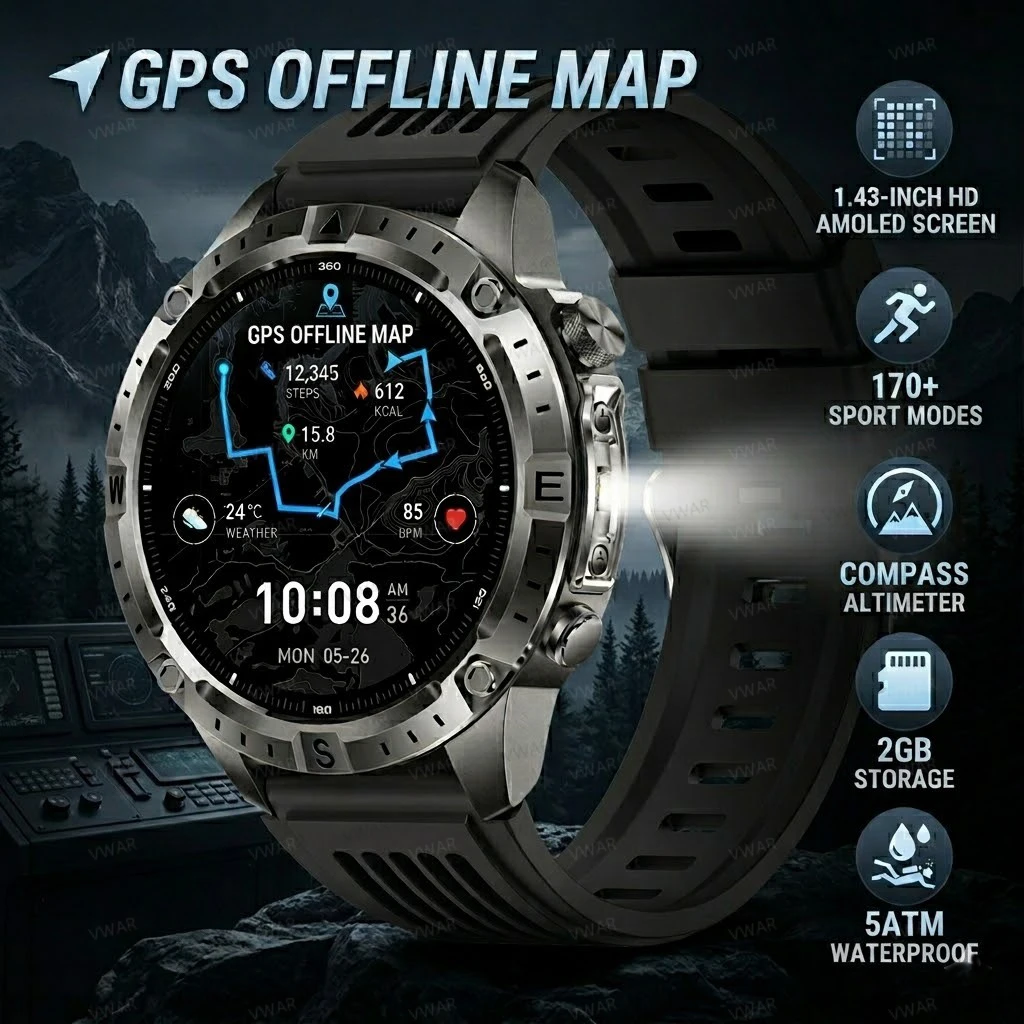 

Смарт-часы VWAR Trek GPS с офлайн-картами для мужчин, 4 кнопки, фонарик, 2 ГБ памяти, локальная музыка, водонепроницаемость 5ATM, для плавания и спорта, 2026