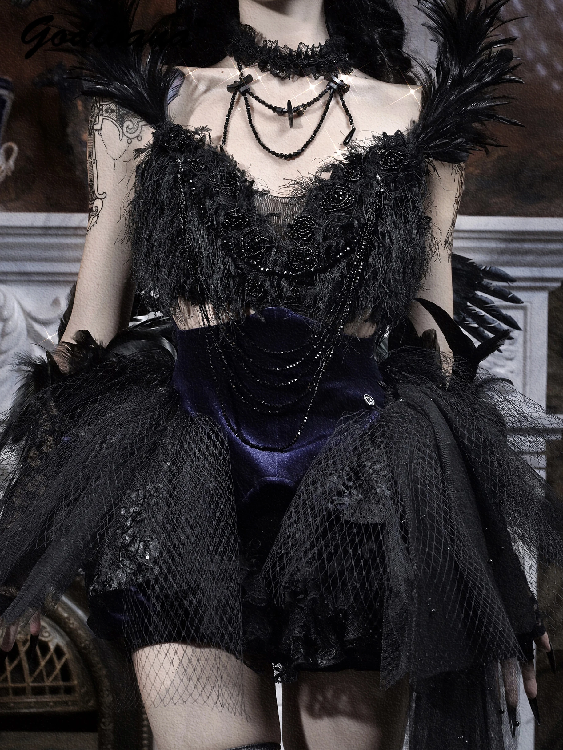 

Gothic Luxury Sparkling Diamond Black Feather Train Ballet Dress Detachable Leg Ring Velvet Lace Pumpkin Pants Women Dress Set
