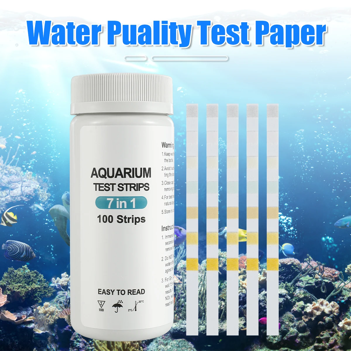 100 Uds 7 en 1 tiras de prueba de acuario Kit de prueba de tanque de peces agua dulce agua salada prueba de agua de acuario para detectar PH NO3 NO2 GH KH CI TCL