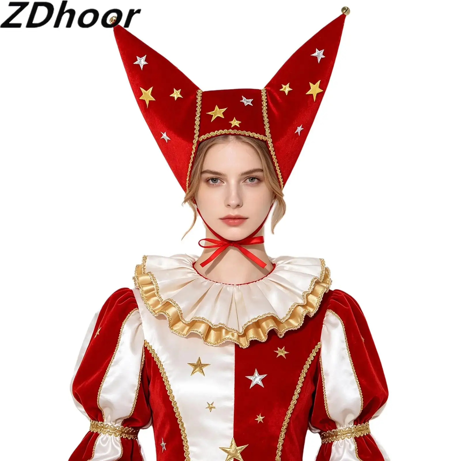 Accesorio de Disfraz de Circo para Adultos, Sombrero de Payaso para Fiesta de Halloween, Gorro de Bufón de Terciopelo con Estrellas Metálicas y Campanas