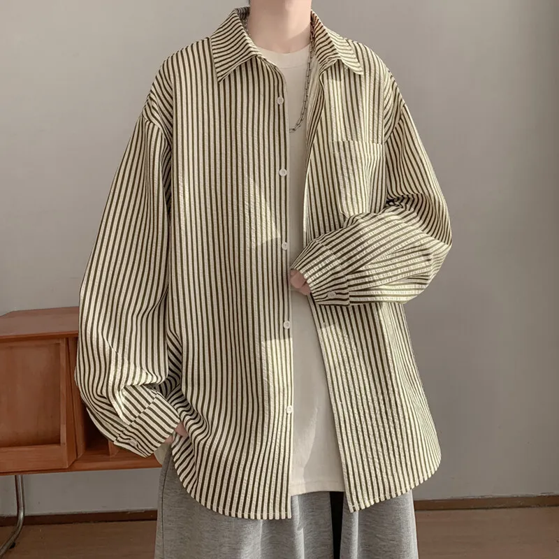 LAPPSTER Y2k Oversized Striped Shirts Korean Fashion Blouses Men Funny Vintage Harajuku Printed Long Sleeve Button Up Shirts