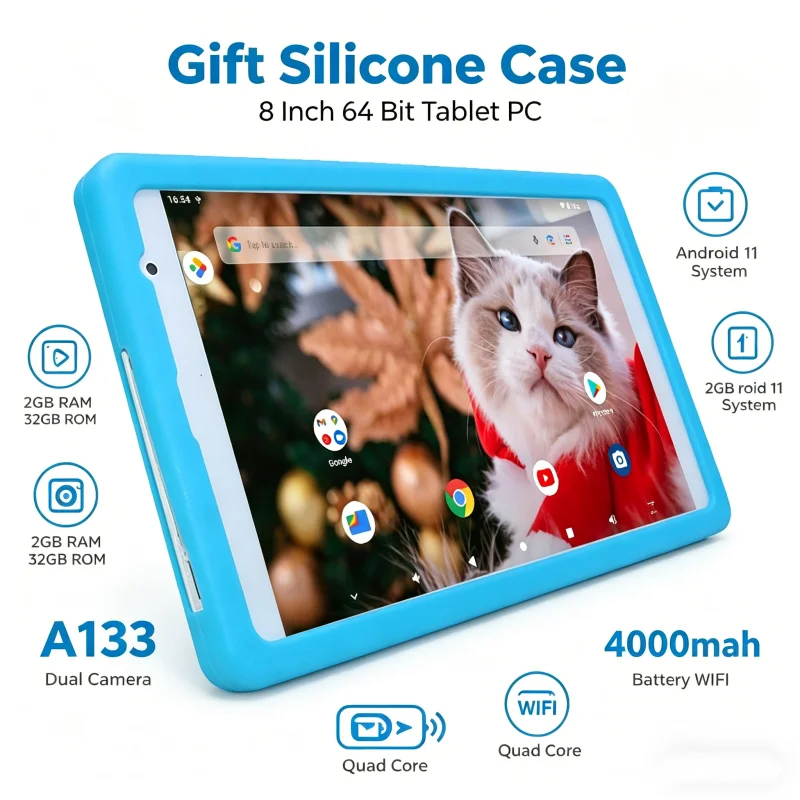 Gift Silicone Case 8 Inch 64 Bit T10 Tablet PC Android 11 System 2GB+32GB A133 Dual Camera IPS Screen Quad Core 4800mAh Battery
