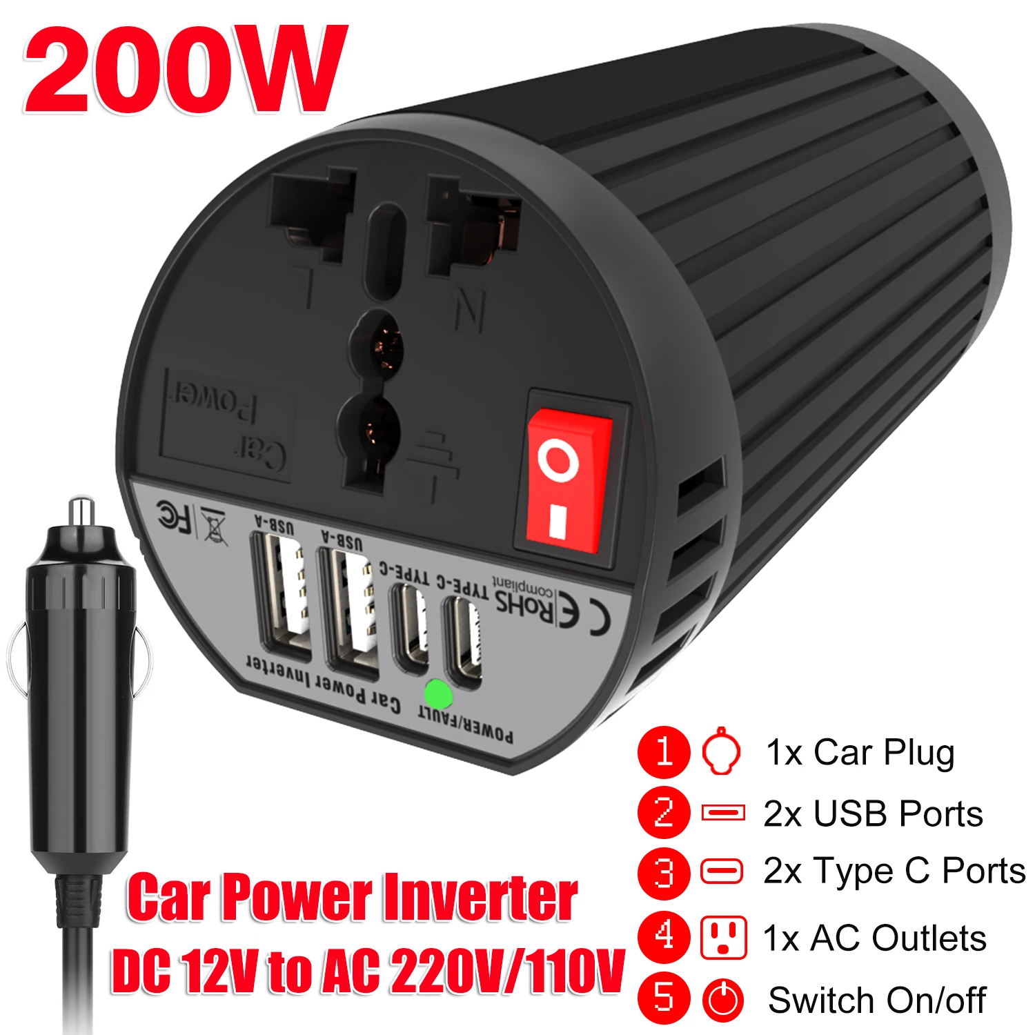 200W Car Power Inverter 12V To 220V 110V Converter DC To AC Transformer Cigarette Lighter Input 25W USB Fast Charging and Type-C