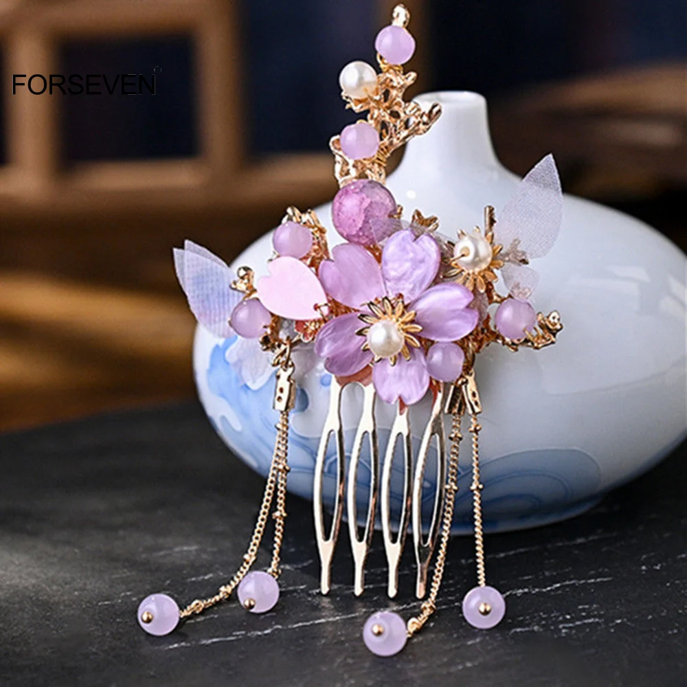 Purple Flower Hair Sticks Forks Butterlfy Hairpins and Clips Hair Combs Long Tassel Headpieces Retro Chinese Fashion Jewelry