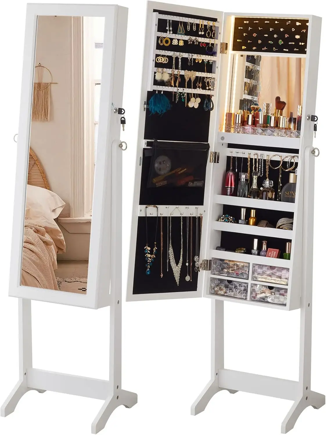 LED Mirror Jewelry Cabinet Wardrobe, Freestanding Jewelry Storage Cabinet with Full Length Mirror