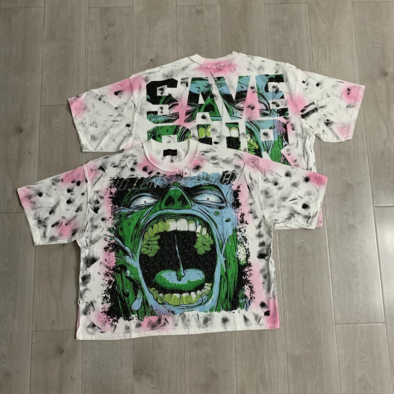 

New Street Trend RARE PEACE Tshirts Graffiti Print Retro Oversized Rhinestone Rare Peace Short Sleeve T-shirt