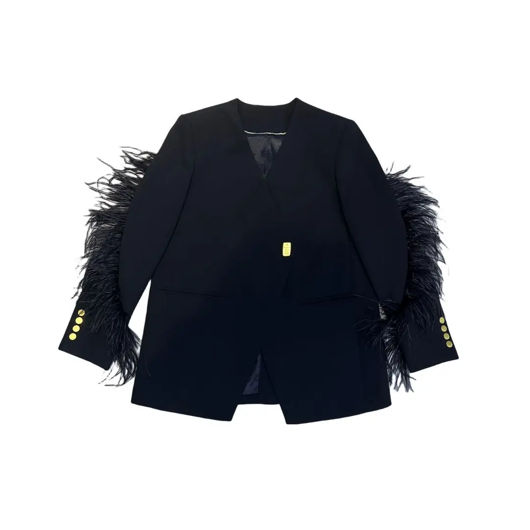 High end suit jacket women's spring and autumn new top patchwork feather fashionable silhouette design suit