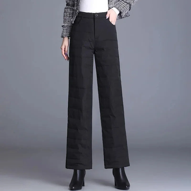 Women's Winter Down Cotton Padded Wide Leg Pants Casual Thicken Oversized High Waist Pantalon Warm Straight Baggy Trousers B314