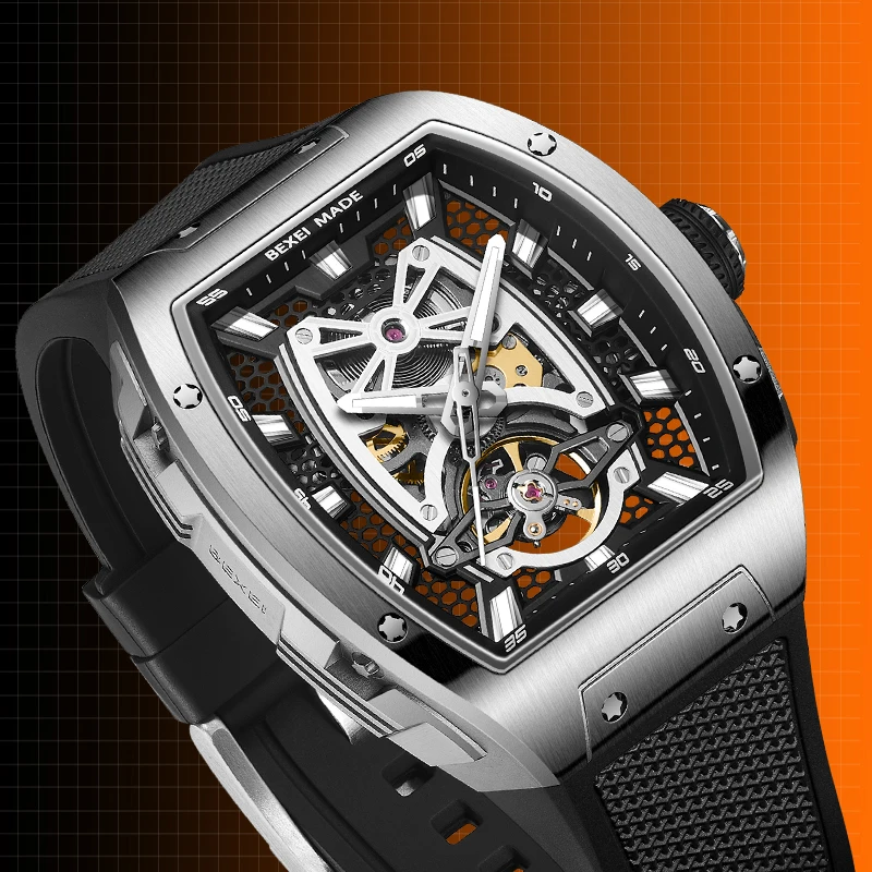BEXEI 2025 ساعة تونيو على شكل برميل هيكل عظمي قرص حركة ميكانيكية أوتوماتيكية للرجال ساعة عمل مضيئة من الياقوت