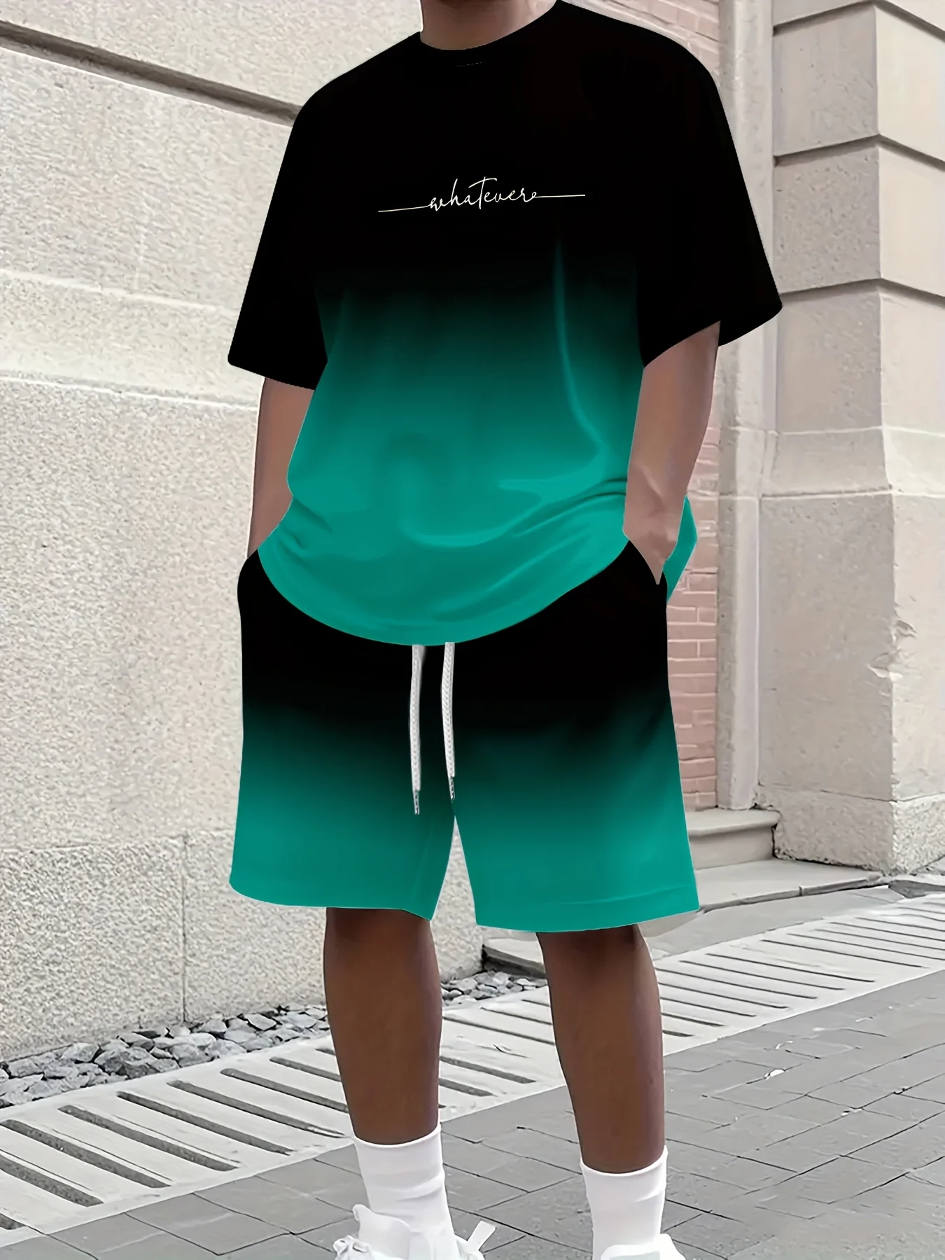 Summer Gradient Color Athletic T-Shirt and Shorts Set Stylish Men's Quick-Dry Athletic Short-Sleeve Top with Drawstring Shorts