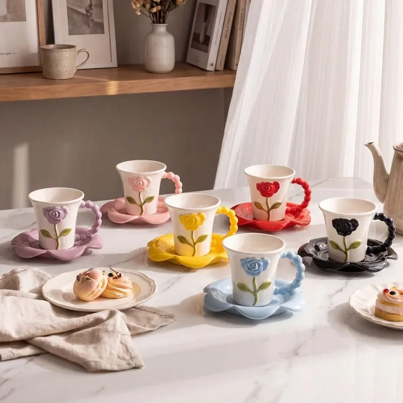 French-style 3D Rose Coffee Cup and Saucer Creative Flower Lady's Mug Exquisite Afternoon Tea Flower Tea Cup Breakfast Milk Mug