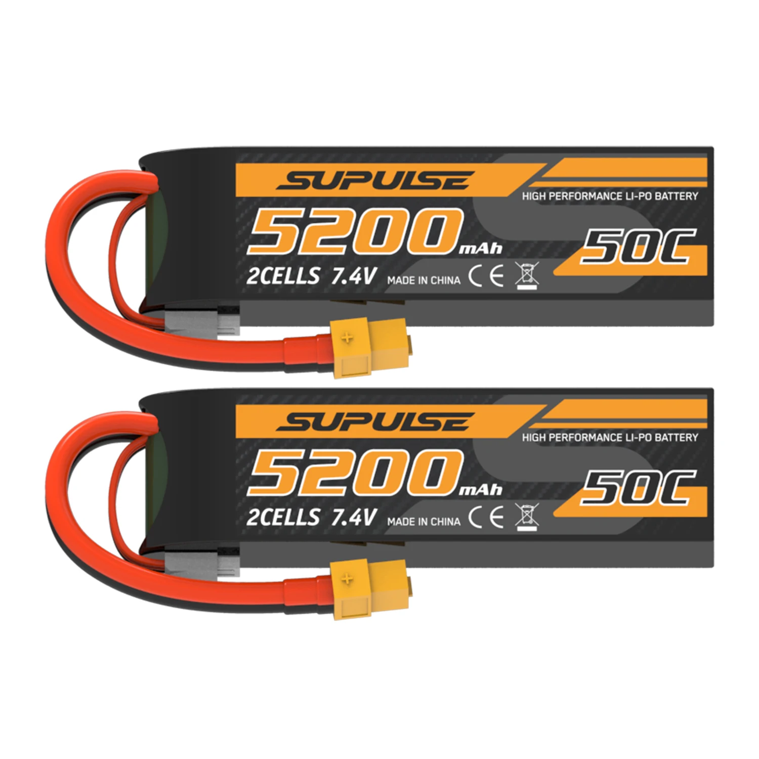 SUPULSE 7.4V Lipo Battery 2S 5200mAln 50C RC Battery with XT60 Plug for RC Airplane RC Boat RC Truck (2 Packs)