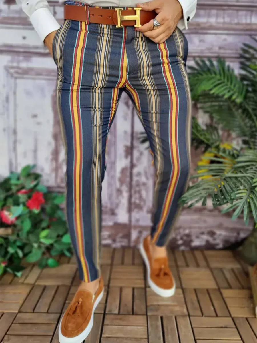 Summer Men\'s Fashion Striped Straight Pants 3D Printed Small Feet Comfortable Business Casual Pants Suit Pants