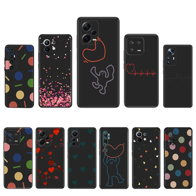 Matte Phone Case for Redmi Note13 Pro 5G Note 12 12c 13c Xiaomi 12X 12T 13 Lite Red Heart Line Art Circle Dots Black Soft Cover