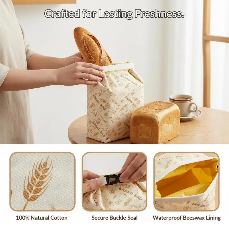 Food Grade Reusable Beeswax Coated Bread Bags Zipper Closure Washable Fresh Keeping Bags for Kitchen Daily Use