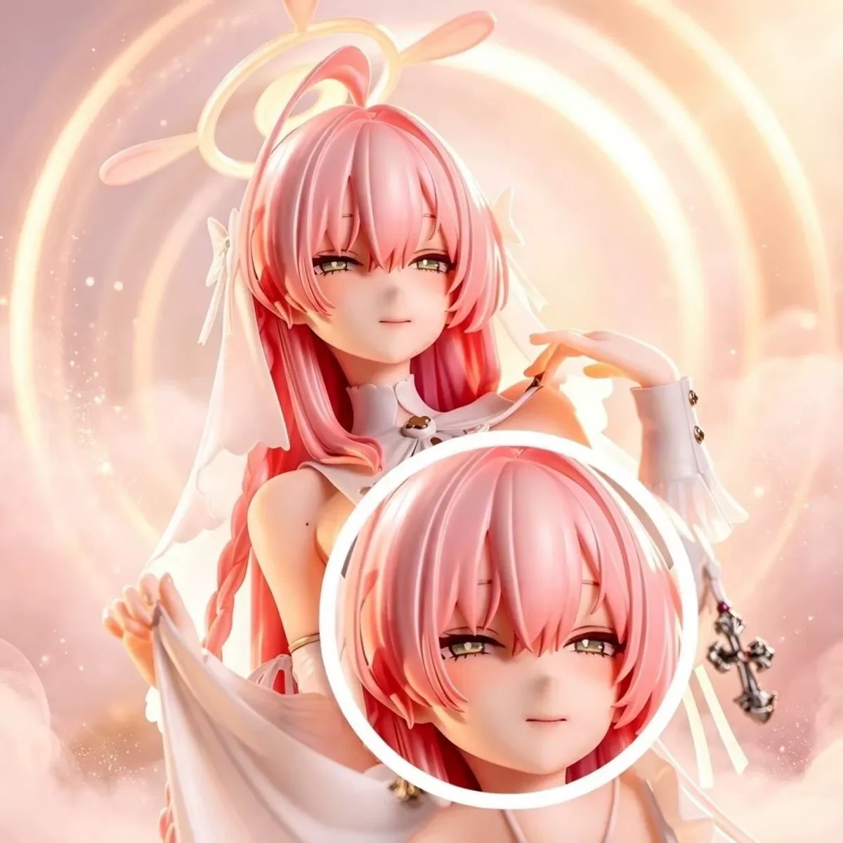 28CM Pink Hair Girl Standing Figure PVC White Outfit Model with Halo Decor Collectible