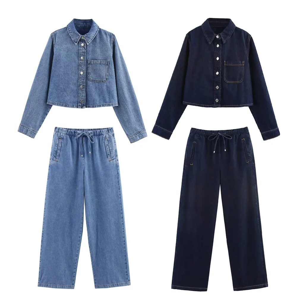 

PB&ZA 2025 Womens Denim Two - Piece Set Cropped Button - Up Jacket with Drawstring Wide - Leg Pants in Light and Dark Blue