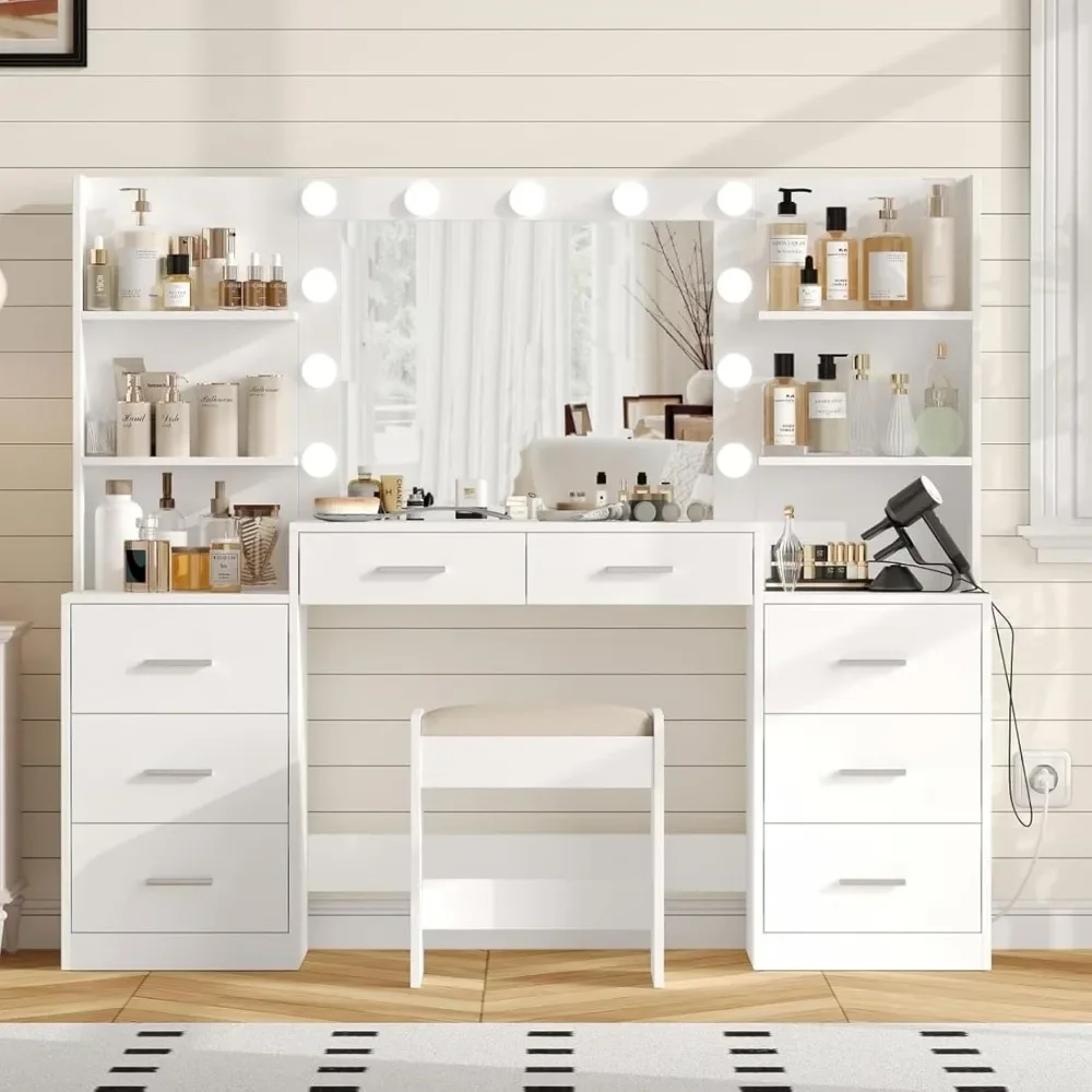 61.9‘’L Vanity Desk Set with Mirror & Lights, Stool and Charging Station, Drawers & Open Storage Shelves, Bedroom Vanity Set