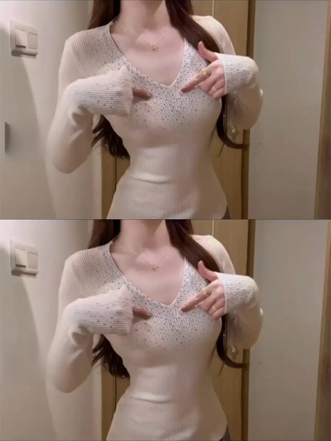 Slim Fit Long Sleeve Knitted Sweater Women's V-Neck Rhinestone Embellished Commute Style Korean Fashion Autumn Winter Top