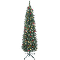 Homcom Narrow Artificial Christmas Tree with Led Lights 8 Lighting Modes Pine Cones Berries and Green Stand