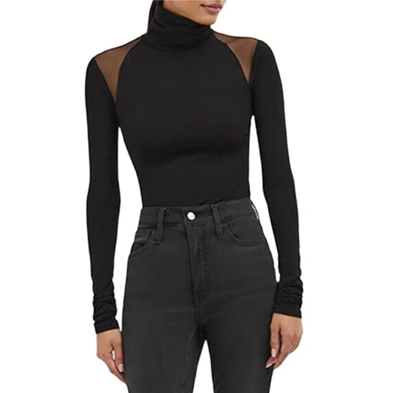 

A83F-Women's Mesh Splicing Long Sleeve Tops See-Through Bodysuit Party Club Nightclub Bodysuit Black S