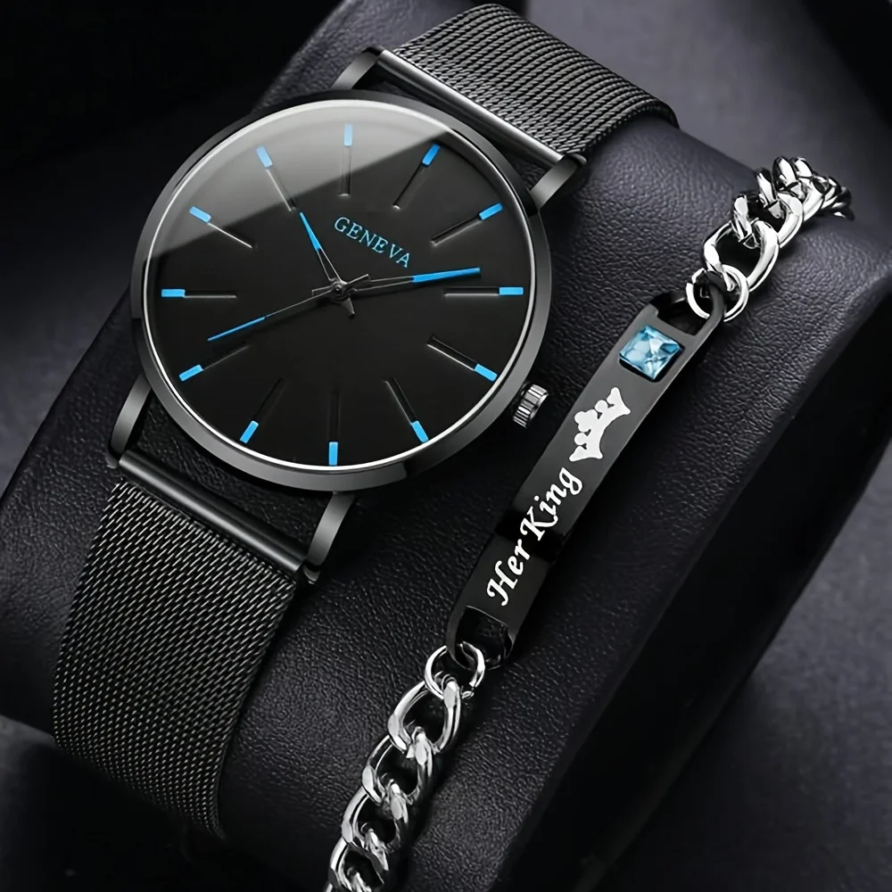 

2pcs/set, Men's Black Mesh Strap Scale Dial Quartz Watch & Watch Chain